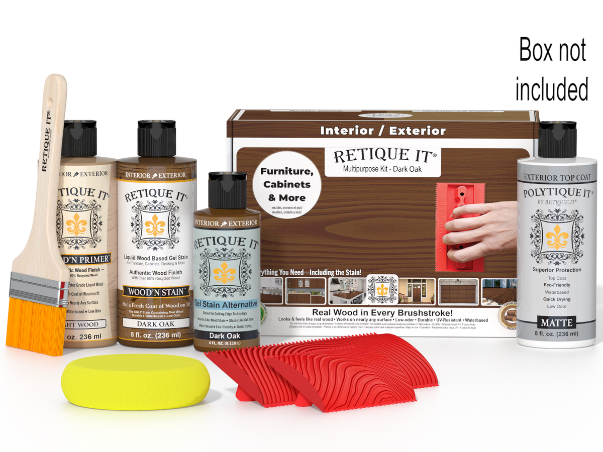 Retique It furniture care kit with bottles, a brush, and packaging on a white background