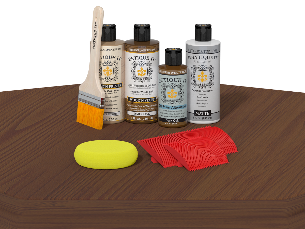 Wood care products including bottles, a brush, a sponge, and cloths on a wooden surface.