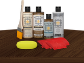 Retique It® Wood'n Kit Dark Oak exterior top coat with wood finish kit on table, showcasing multi-purpose wood finish products.