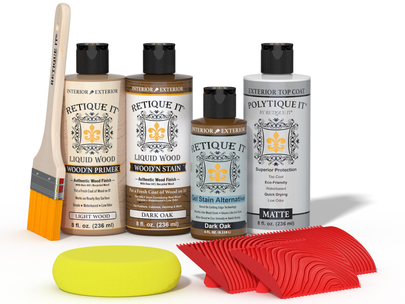 Retique It® Wood'n Finish Kit in Dark Oak for exterior top coat, showing wood finishing tools and dark oak wood sample.