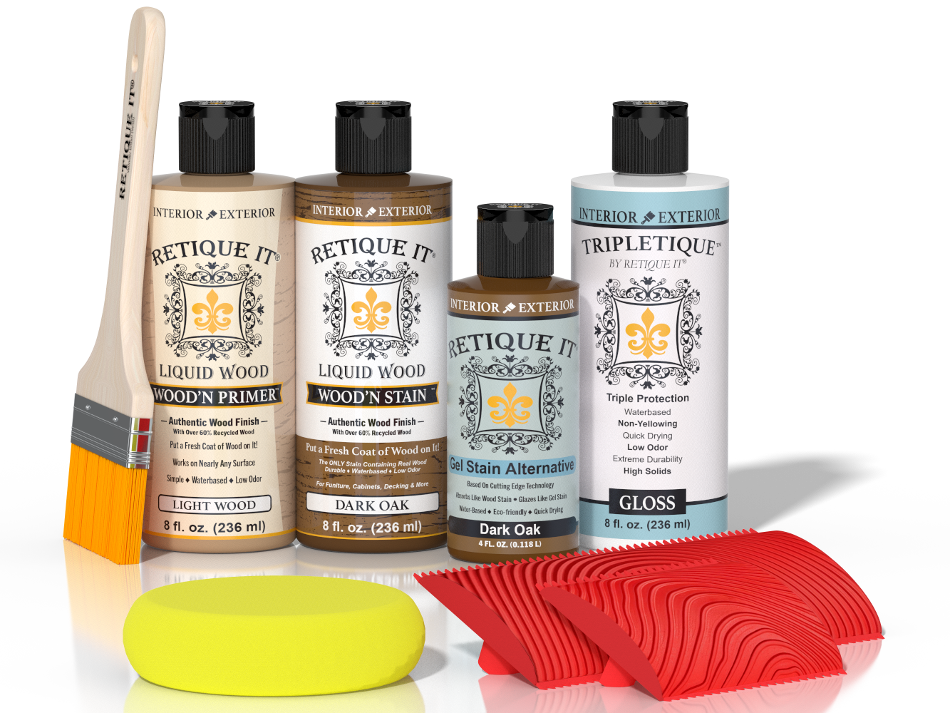 Retique It® Wood'n Finish Kit in Dark Oak with interior top coat, featuring application tools and wood finish components.