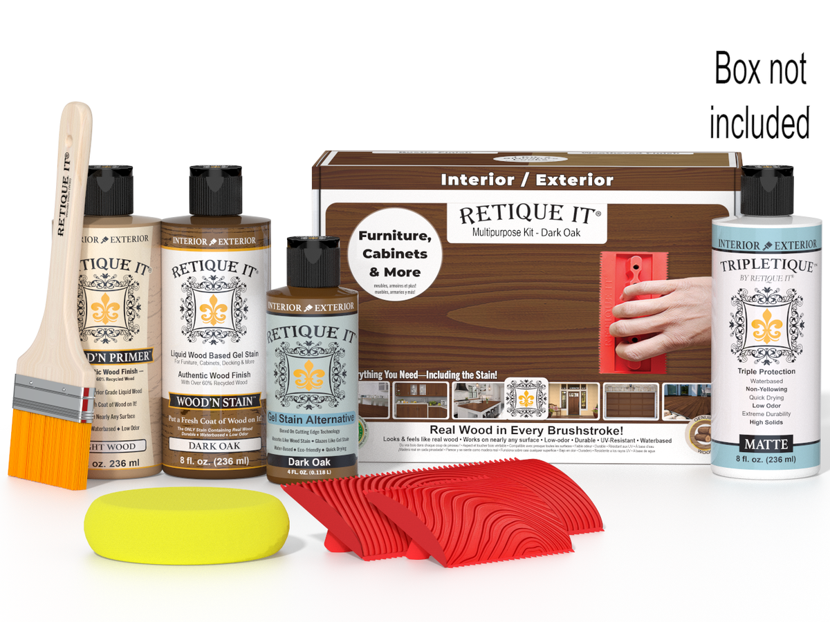 Retique It furniture care kit with bottles, brush, and packaging on a white background