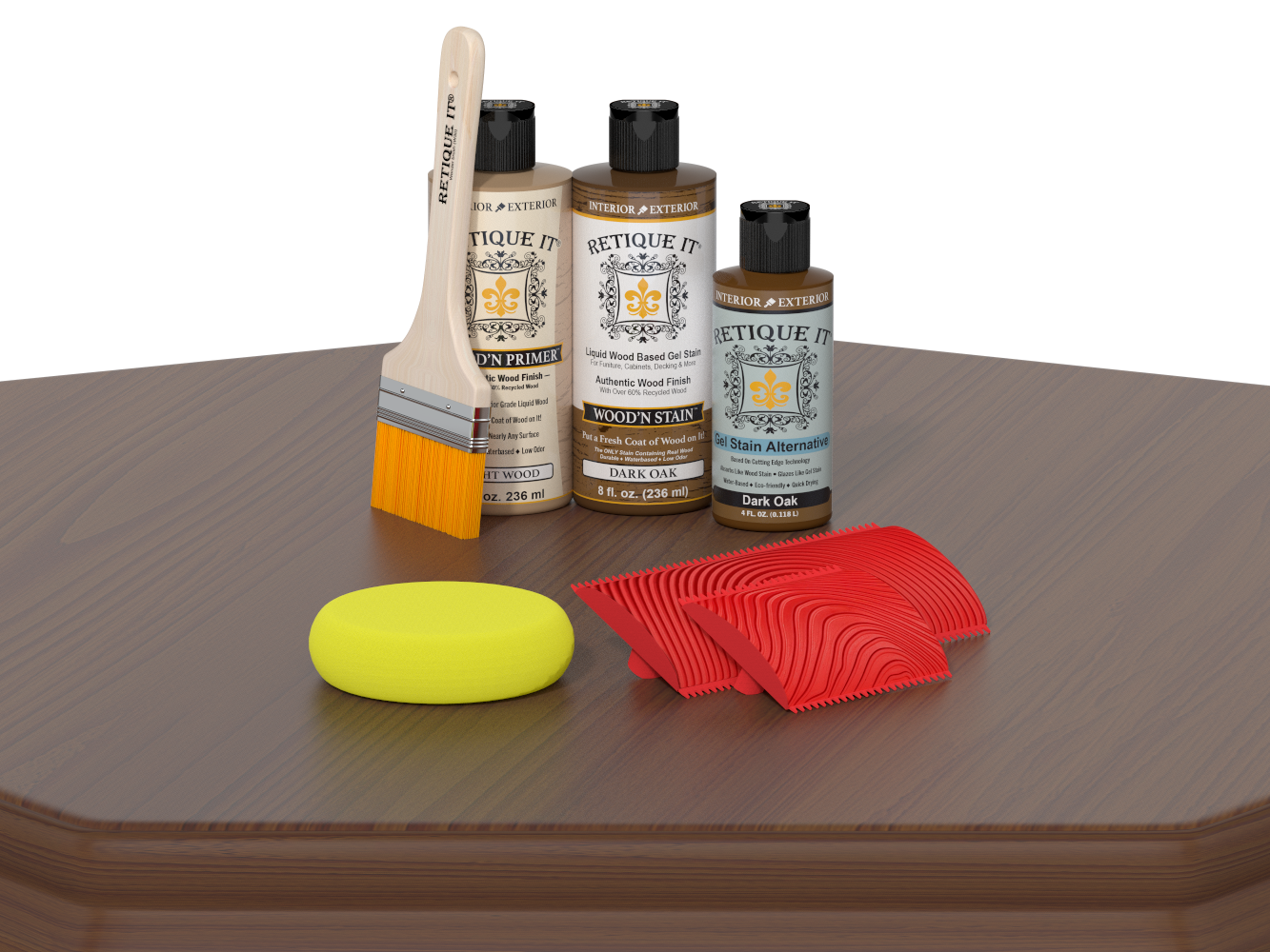 Wood care products including bottles, a brush, and cloths on a wooden surface.
