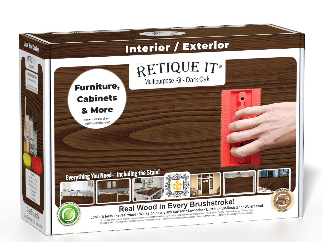 Retique It® Dark Oak Multipurpose Kit retail box featuring a Dark Oak wood finish, red graining tool demonstration, and furniture, cabinets & more project imagery.