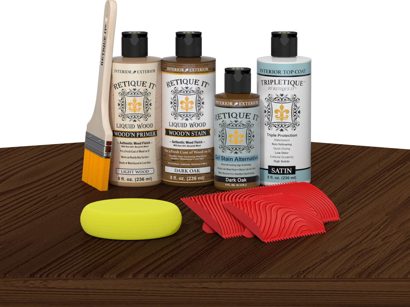 Retique It® Dark Oak Wood'n Kit with Light Wood primer, Dark Oak stain, Dark Oak gel stain alternative, Satin Tripletique® Top Coat, brush, red graining tool, and yellow sponge.