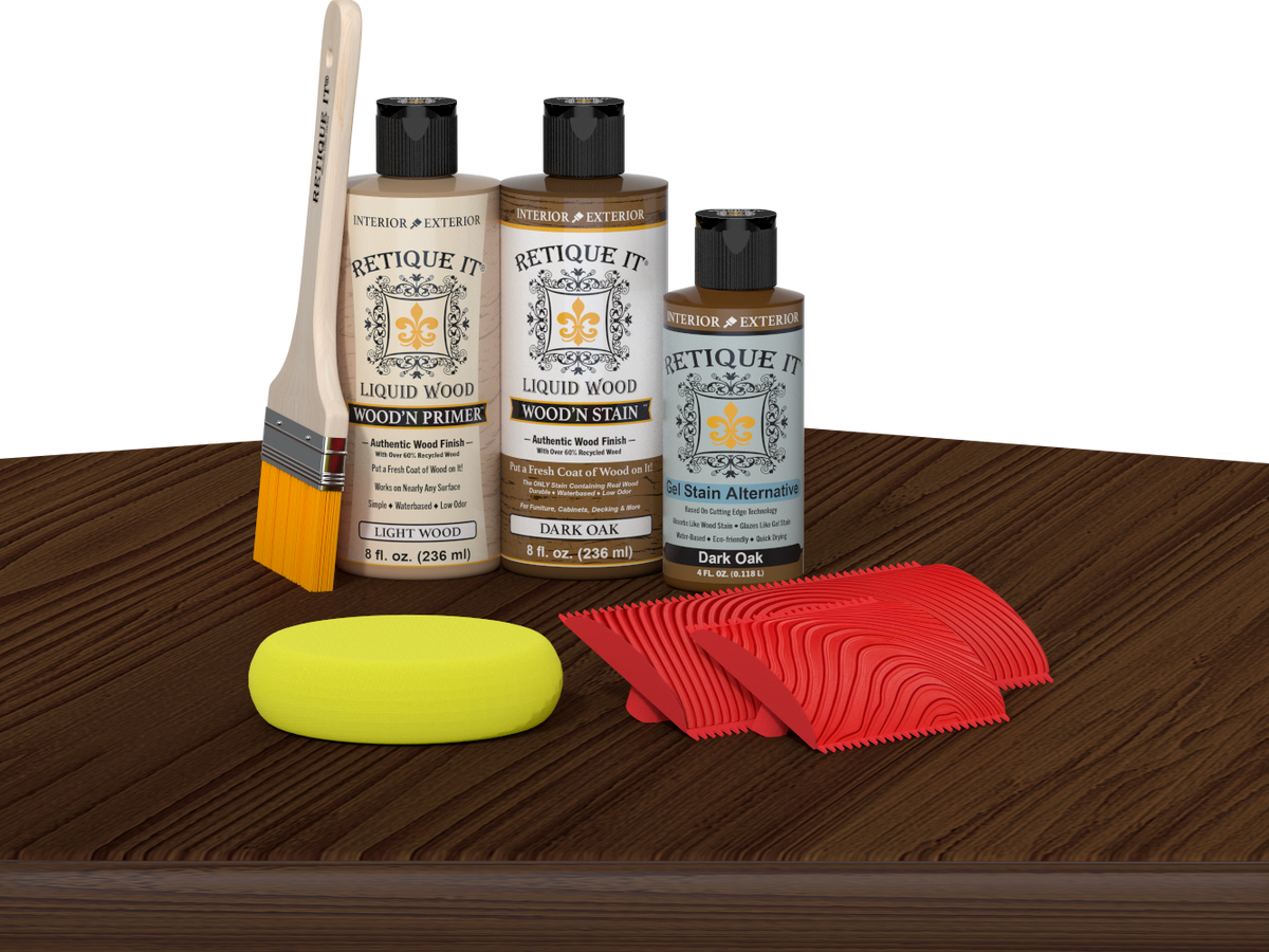 Retique It® Fireplace Mantel Wood'n Finish Kit in Dark Oak stain, showing the wood finish applied to a fireplace mantel.