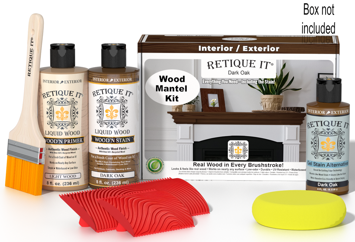 Retique It® Fireplace Mantel Wood'n Finish Kit in Dark Oak stain, showing the wood finish and application tools in the box.