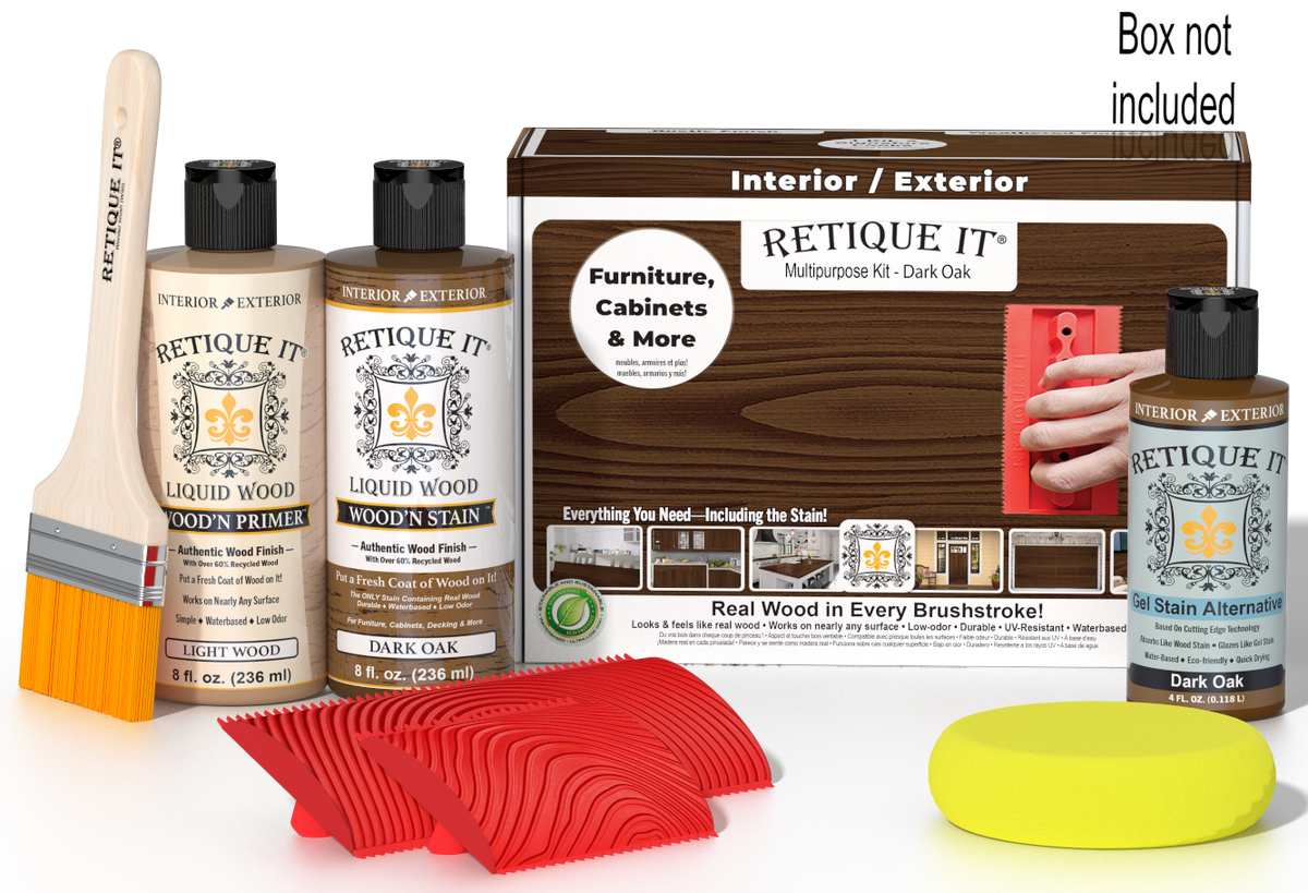 Retique It® Wood'n Kit in Dark Oak finish, versatile wood finishing kit with tools and supplies for woodworking projects.