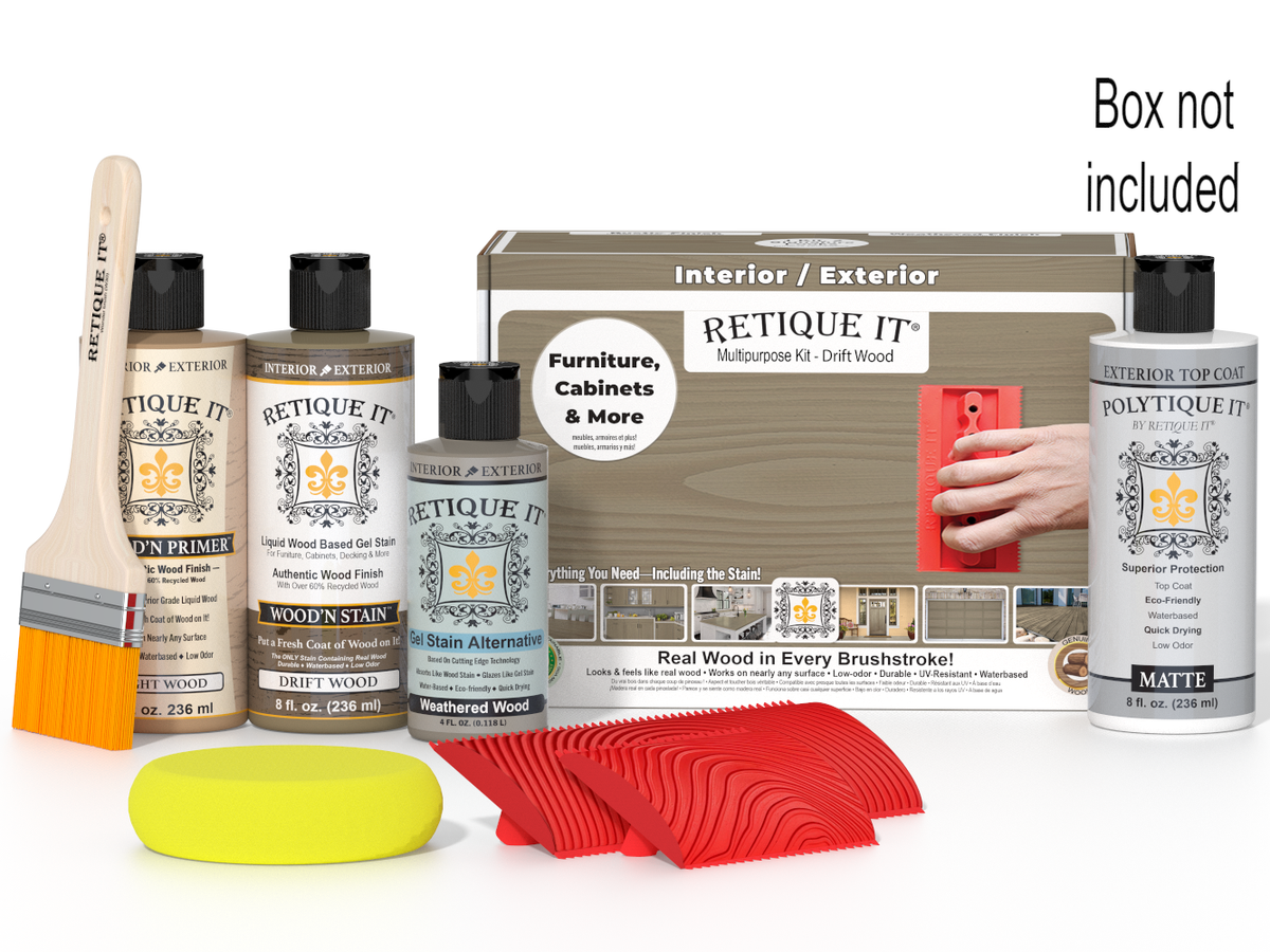 Retique It furniture care product set with bottles, a brush, sponges, and packaging on a white background.