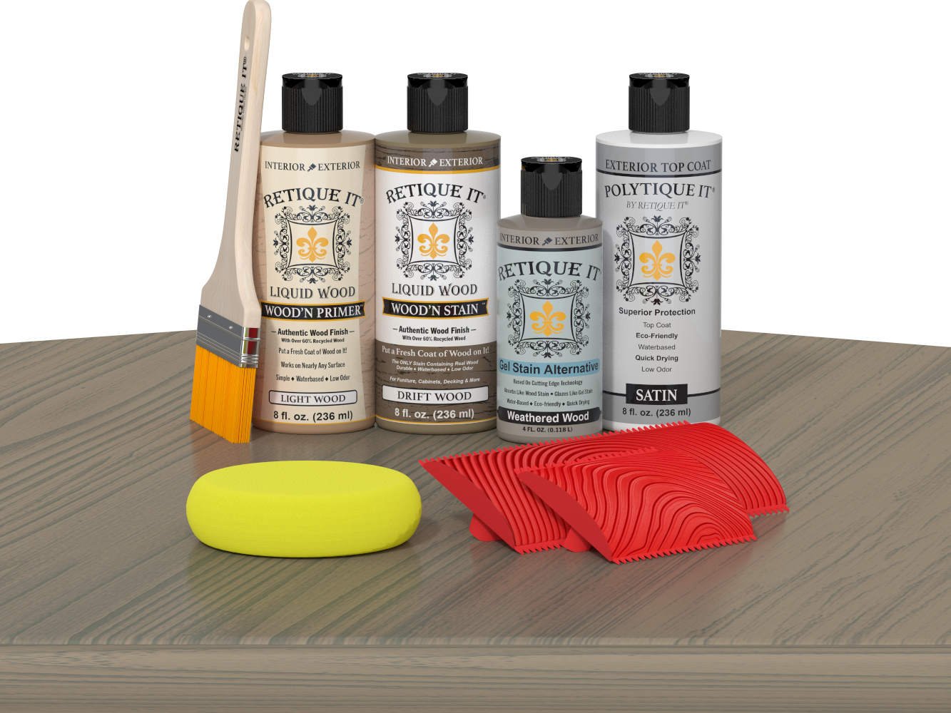 Retique It® Wood'n Finish Kit with driftwood exterior top coat on a table, showcasing natural wood finish for outdoor projects.