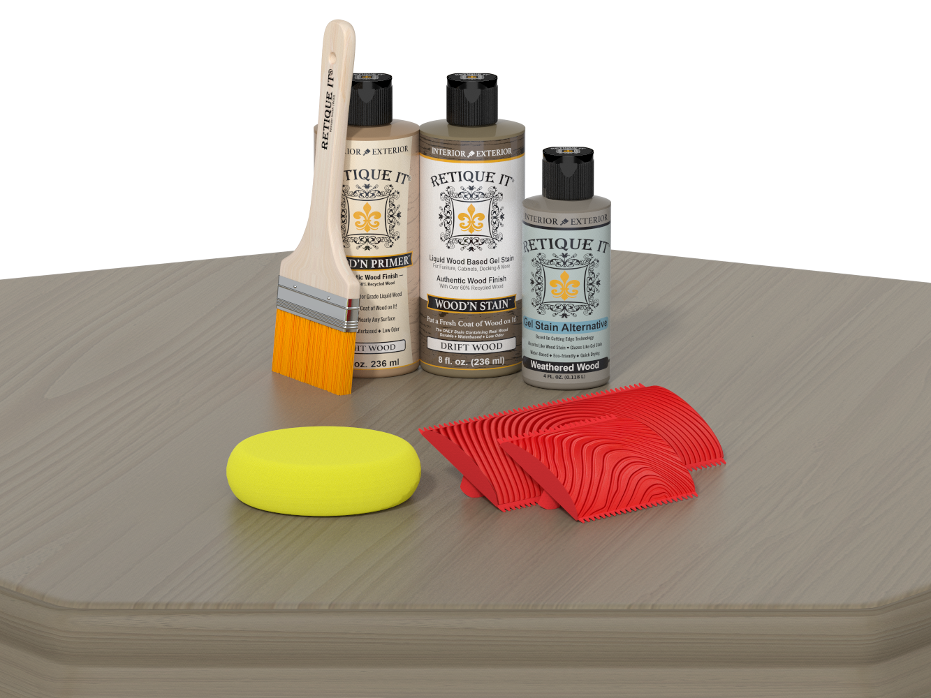 Set of wood care products including bottles, a brush, and sponges on a gray surface.