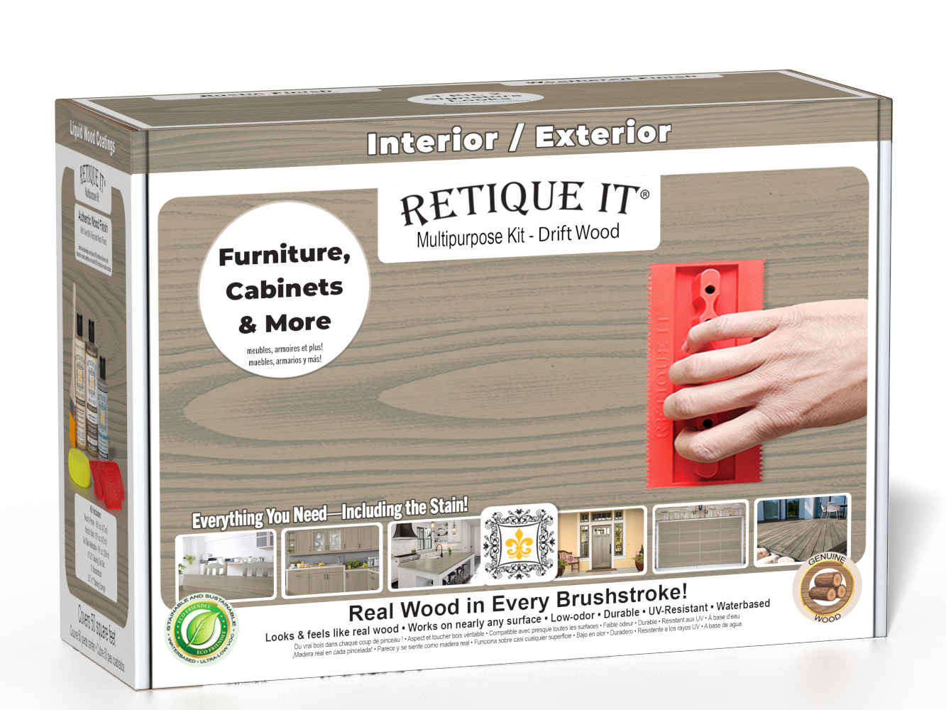 Retique It® Drift Wood Multipurpose Kit box featuring a driftwood finish, application tool, and project examples for furniture, cabinets, doors, decks, and more.