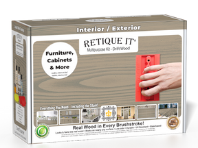 Retique It® Drift Wood Multipurpose Kit box featuring a driftwood finish, application tool, and project examples for furniture, cabinets, doors, decks, and more.