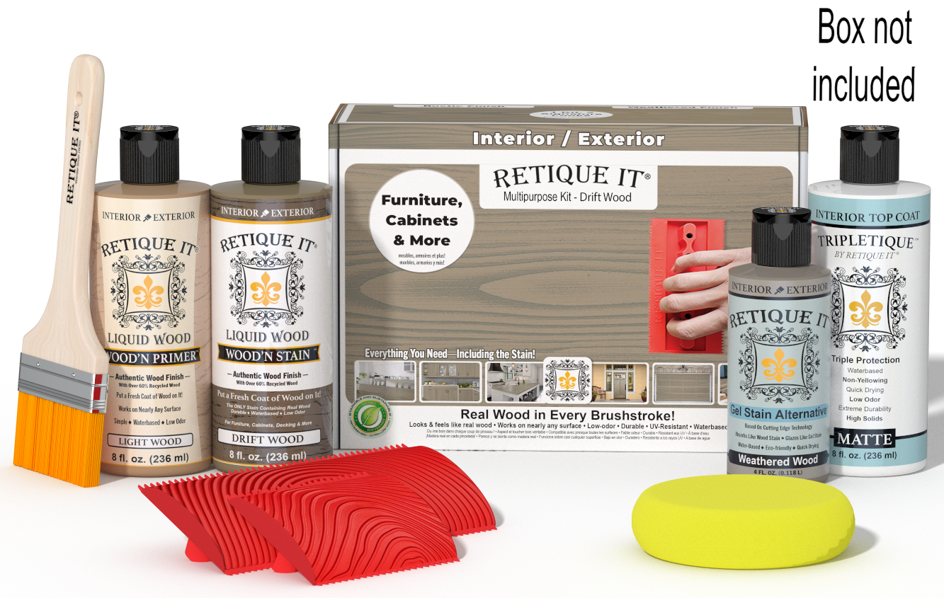Retique It® Drift Wood Multipurpose Kit with Light Wood primer, Drift Wood stain, Weathered Wood gel stain alternative, Matte Tripletique® Top Coat, brush, red graining tool, yellow sponge, and product box.