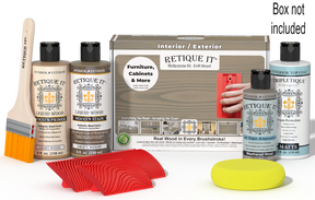 Retique It® Drift Wood Multipurpose Kit with Light Wood primer, Drift Wood stain, Weathered Wood gel stain alternative, Matte Tripletique® Top Coat, brush, red graining tool, yellow sponge, and product box.