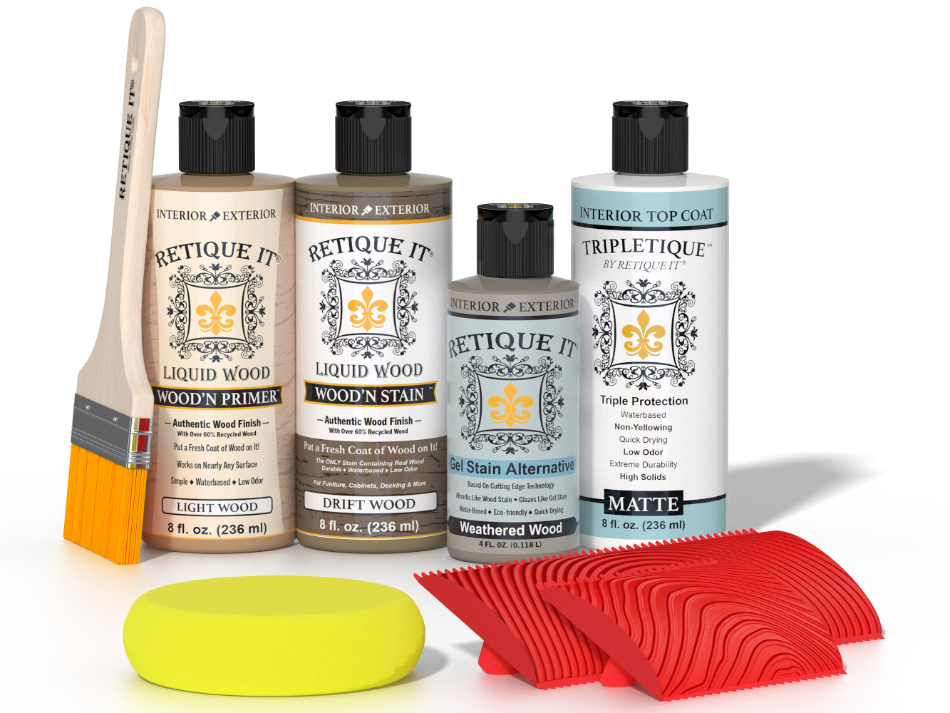 Retique It® Drift Wood Wood'n Kit with Light Wood primer, Drift Wood stain, Weathered Wood gel stain alternative, Matte Tripletique® Top Coat, brush, red graining tool, and yellow sponge.