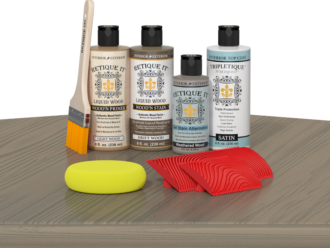 Retique It® Drift Wood Wood'n Kit with Satin TripleTique® includes a brush, Light Wood primer, Drift Wood stain, Weathered Wood Gel Stain Alternative, Satin TripleTique® top coat, a yellow sponge, and a red graining tool.