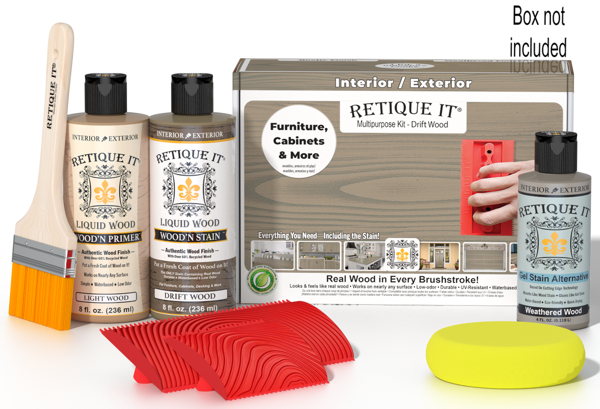 Retique It® Wood'n Finish Kit in Drift Wood showing the multi-purpose kit with wood finish containers and application tools.
