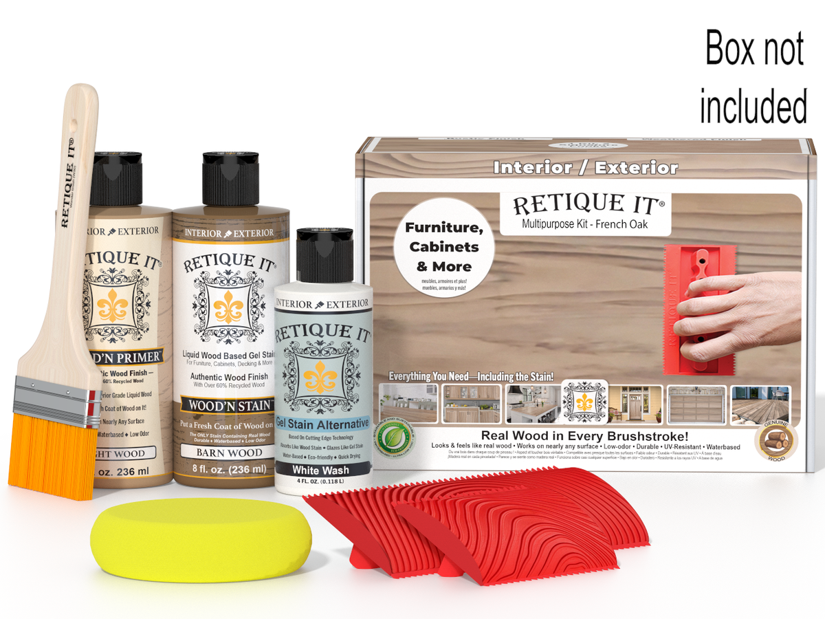 Retique It wood staining kit with bottles, a brush, and a sander on a white background.