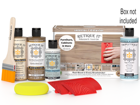 Furniture care products including bottles, a brush, and sponges with a 'Retique It' box on a white background.