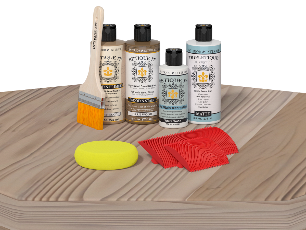 Wood care products including bottles, a brush, and applicators on a wooden surface.