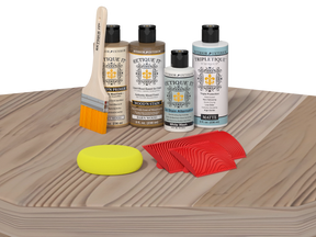 Wood care products including bottles, a brush, and applicators on a wooden surface.
