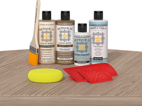 Retique It® Wood'n Finish Kit in French Oak stain displayed on a table, showing the wood finish application and color detail.