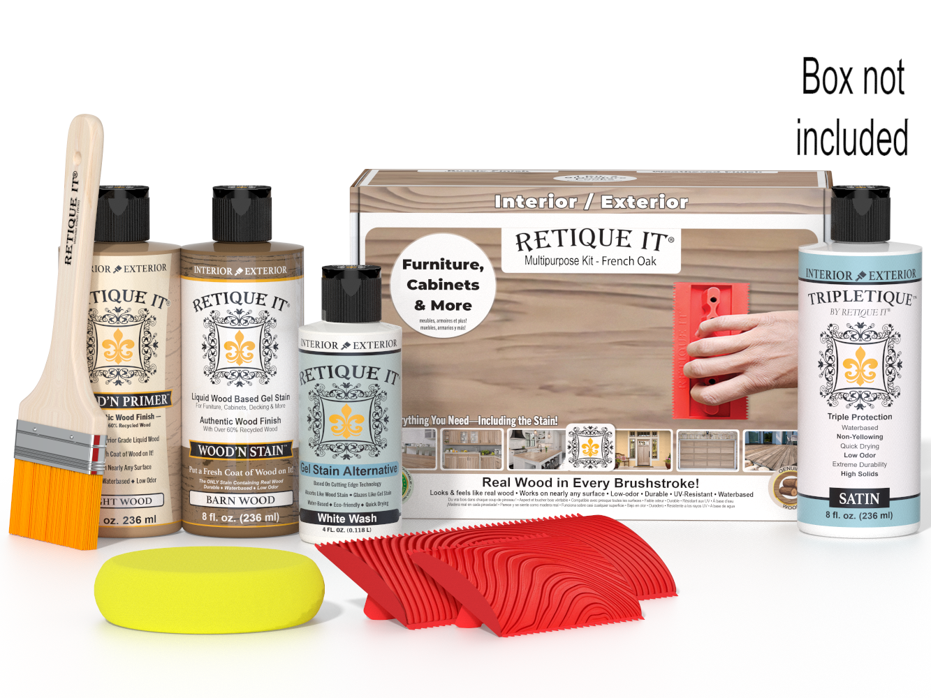 Retique It! wood care product set with bottles, a brush, sponges, and a box on a white background.