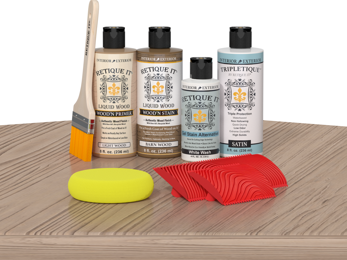 Retique It® Wood'n Finish Kit in French Oak stain displayed on a table, showcasing the wood stain product for furniture finishing.