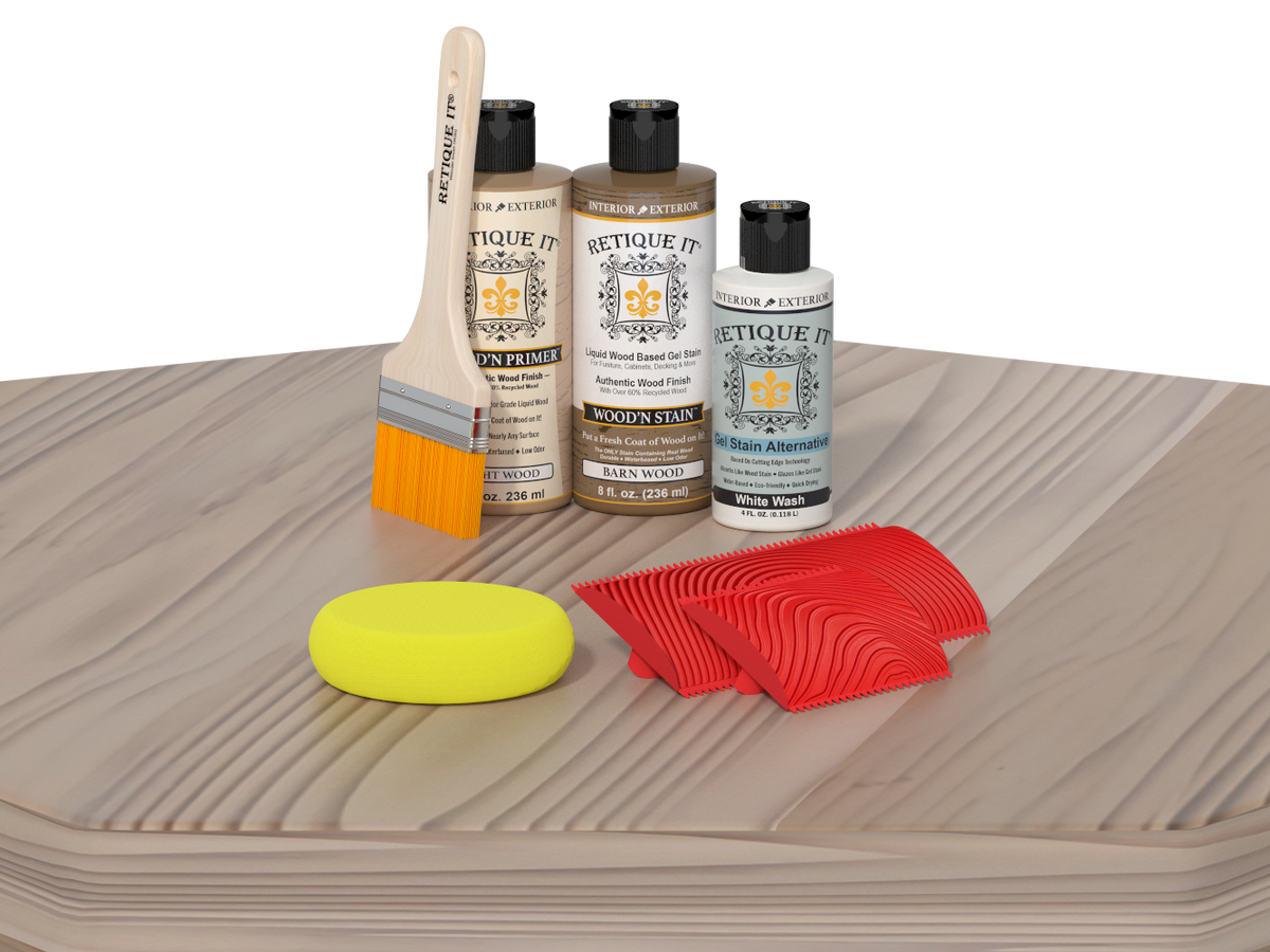 Wood care product set including bottles, a brush, a sponge, and cloths on a wooden surface.