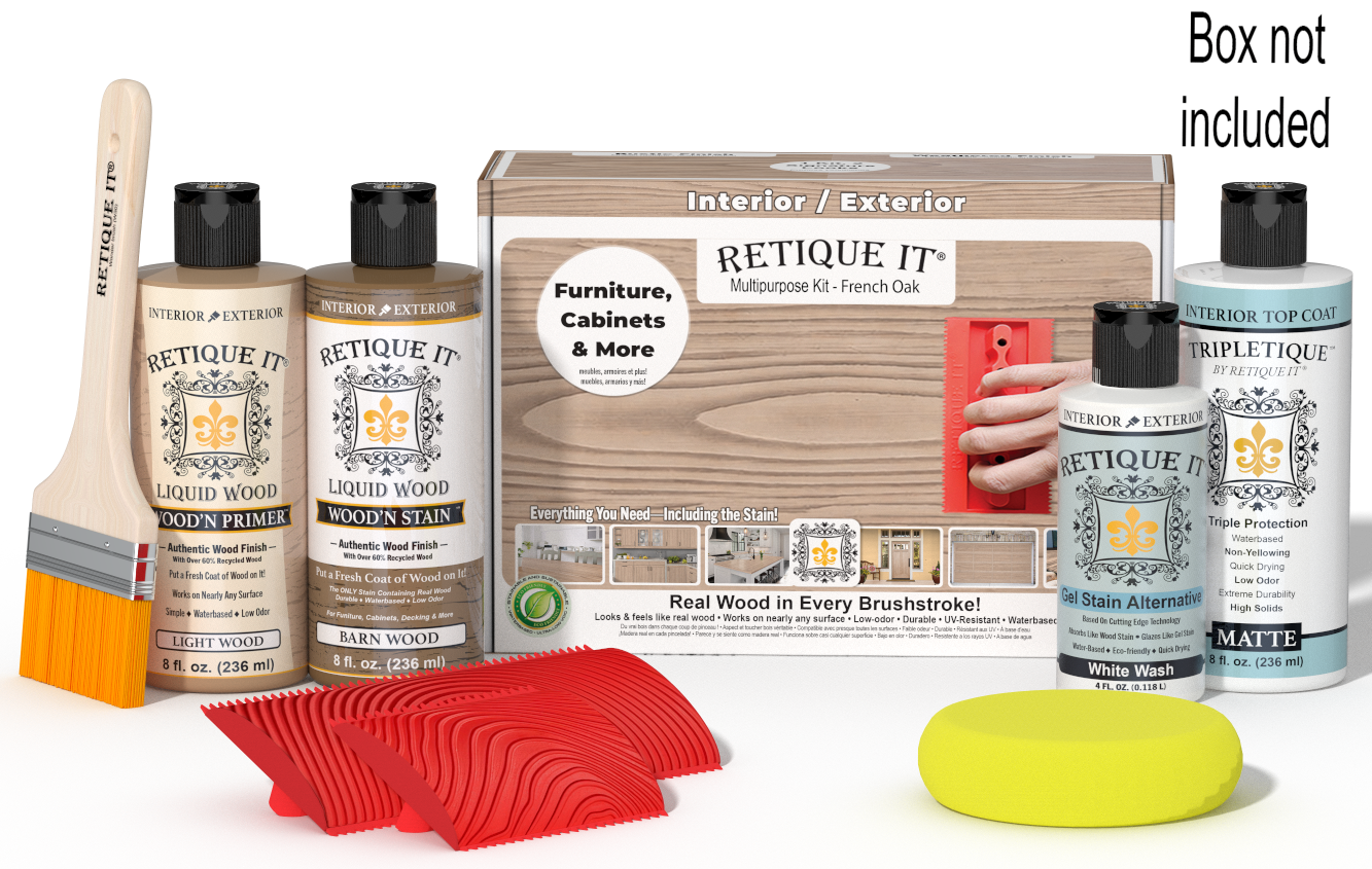 Retique It® French Oak Multipurpose Kit with Light Wood primer, Barn Wood stain, White Wash gel stain alternative, Matte Tripletique® Top Coat, brush, red graining tool, yellow sponge, and product box.