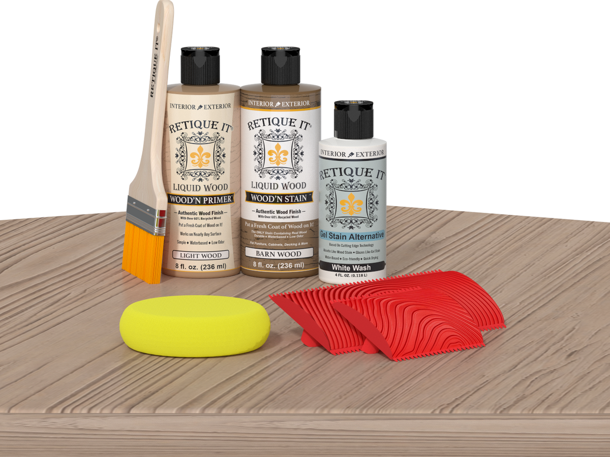 Retique It® Wood'n Kit in French Oak finish, featuring multi-purpose wood finishing products on a table display.