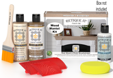 Retique It Fireplace Mantel Wood'n Finish Kit in French Oak stain, showing the wood stain color and application tools.