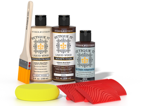 Retique It® Wood'n Finish Kit Java exterior top coat, showing wood surface with finish applicator and Java stain in natural lighting.