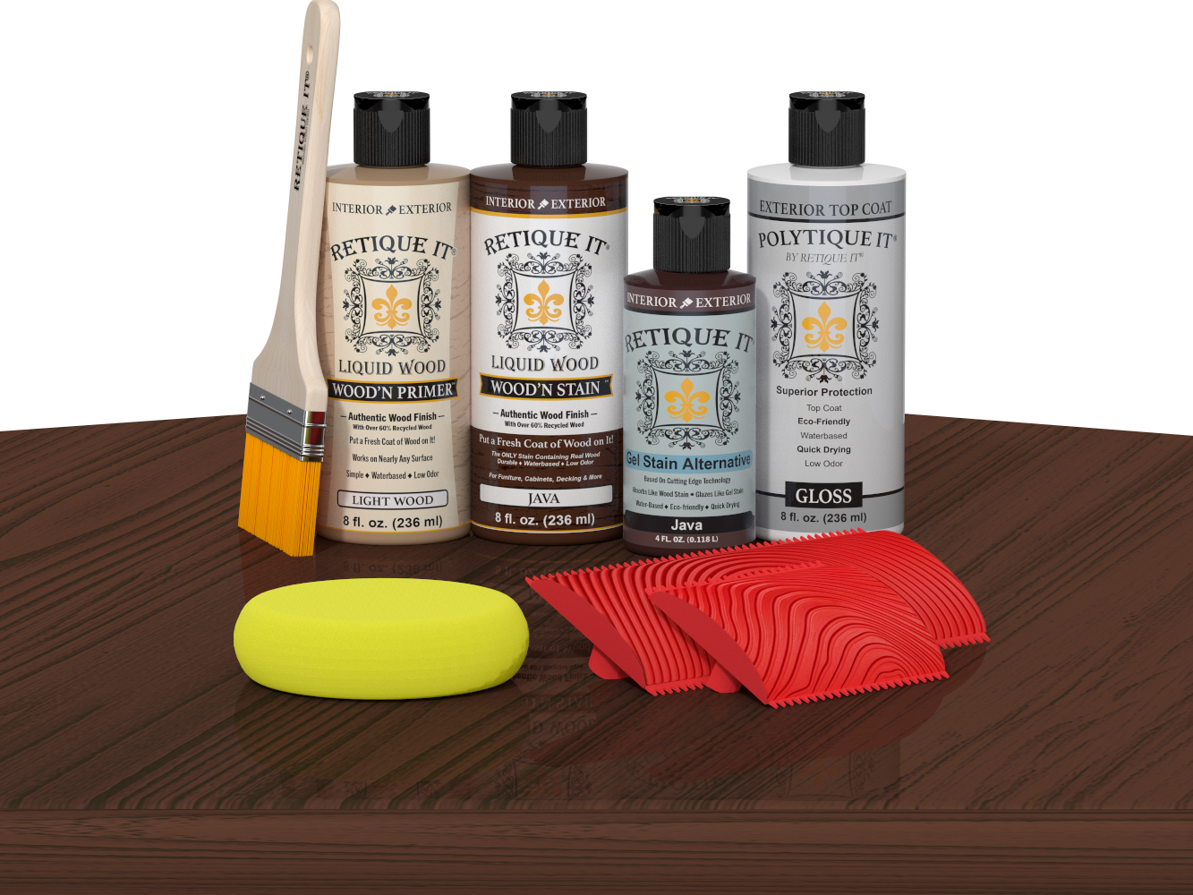 Retique It® Wood'n Finish Kit Java exterior top coat kit with wood sample on table display.