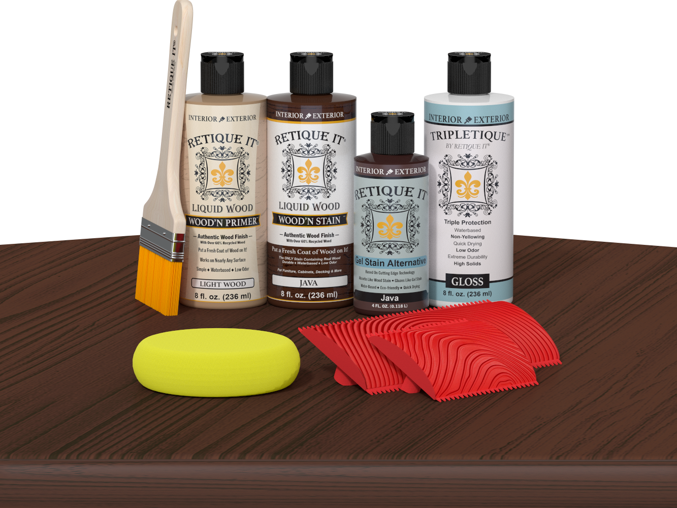 Retique It® Wood'n Finish Kit in Java stain on tabletop, showcasing a natural wood finish for furniture projects.