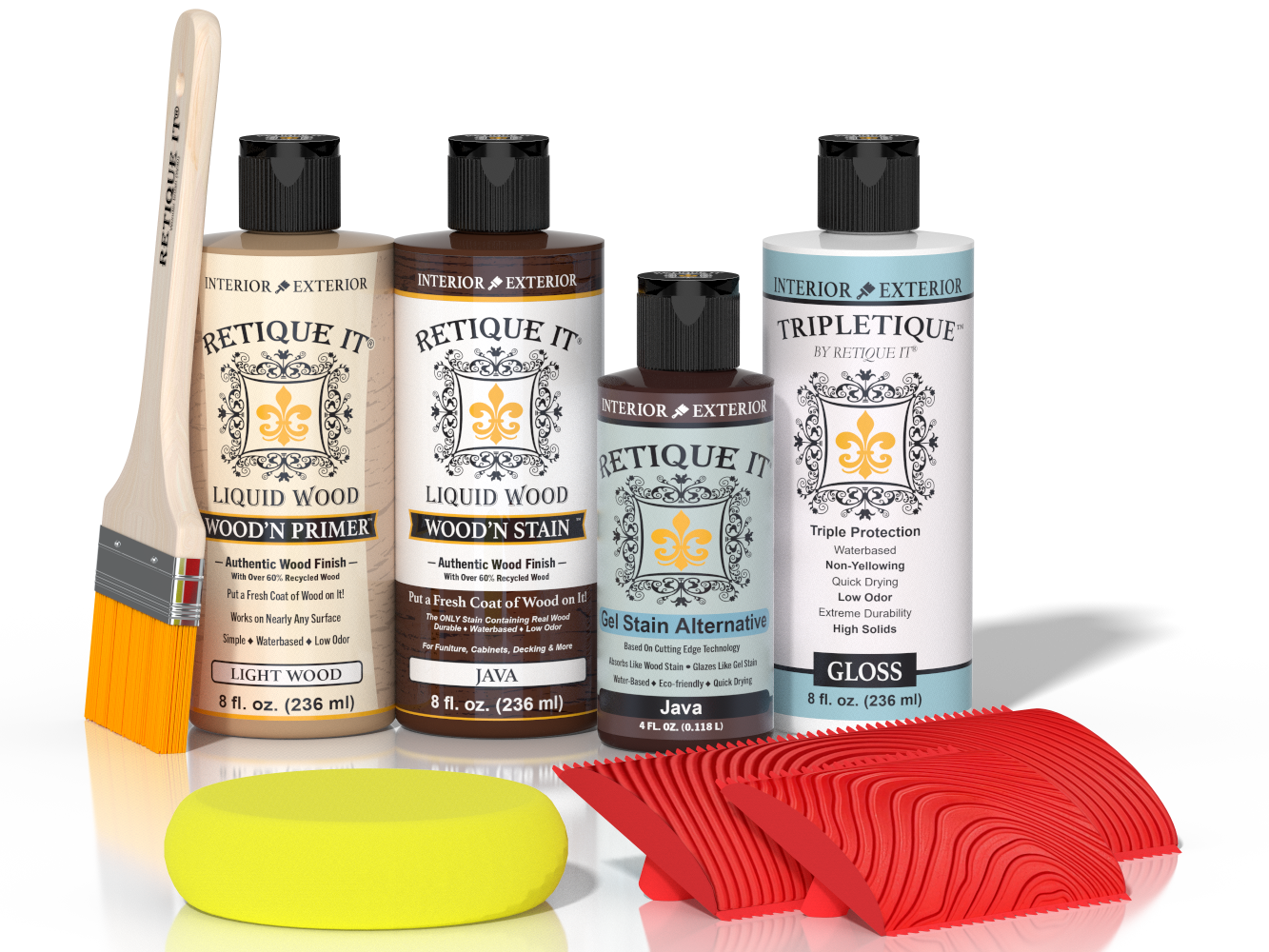 Retique It® Wood'n Kit Java interior top coat with wood finish, showing application tools and wood surface in the image.