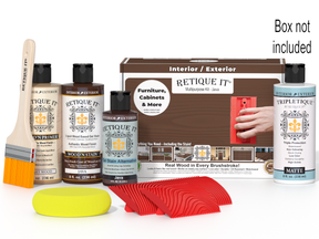 Retique It furniture care product set with bottles, a brush, and packaging on a white background.