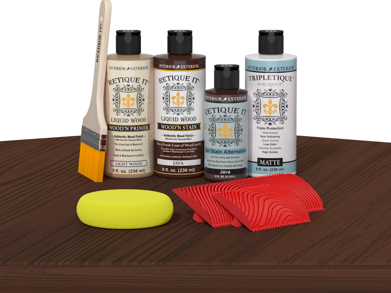 Retique It® Wood'n Finish Kit in Java stain, showcasing the tabletop with rich wood finish and natural grain detail.