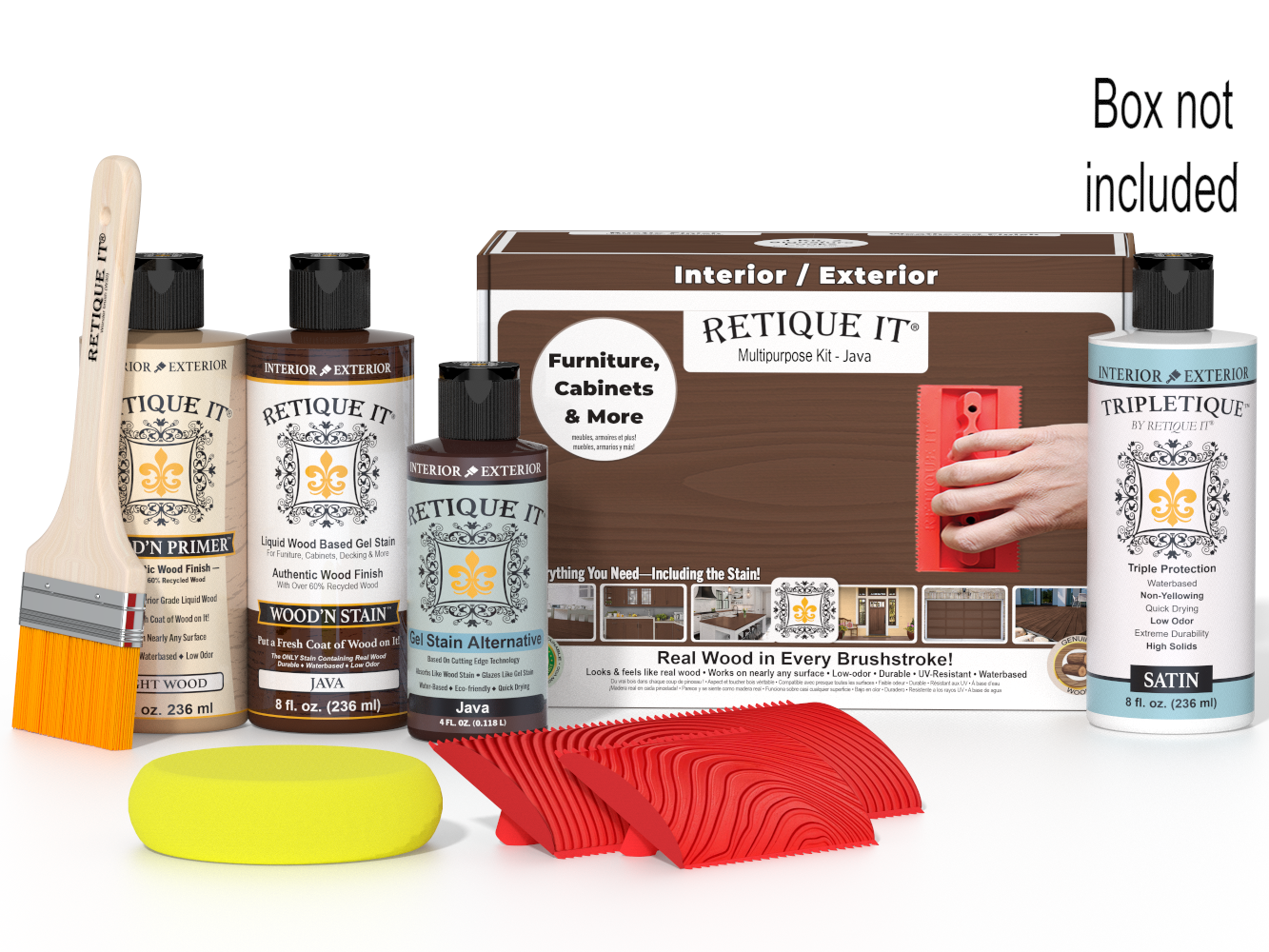 Retique It furniture care products including bottles, a brush, and a box on a white background.