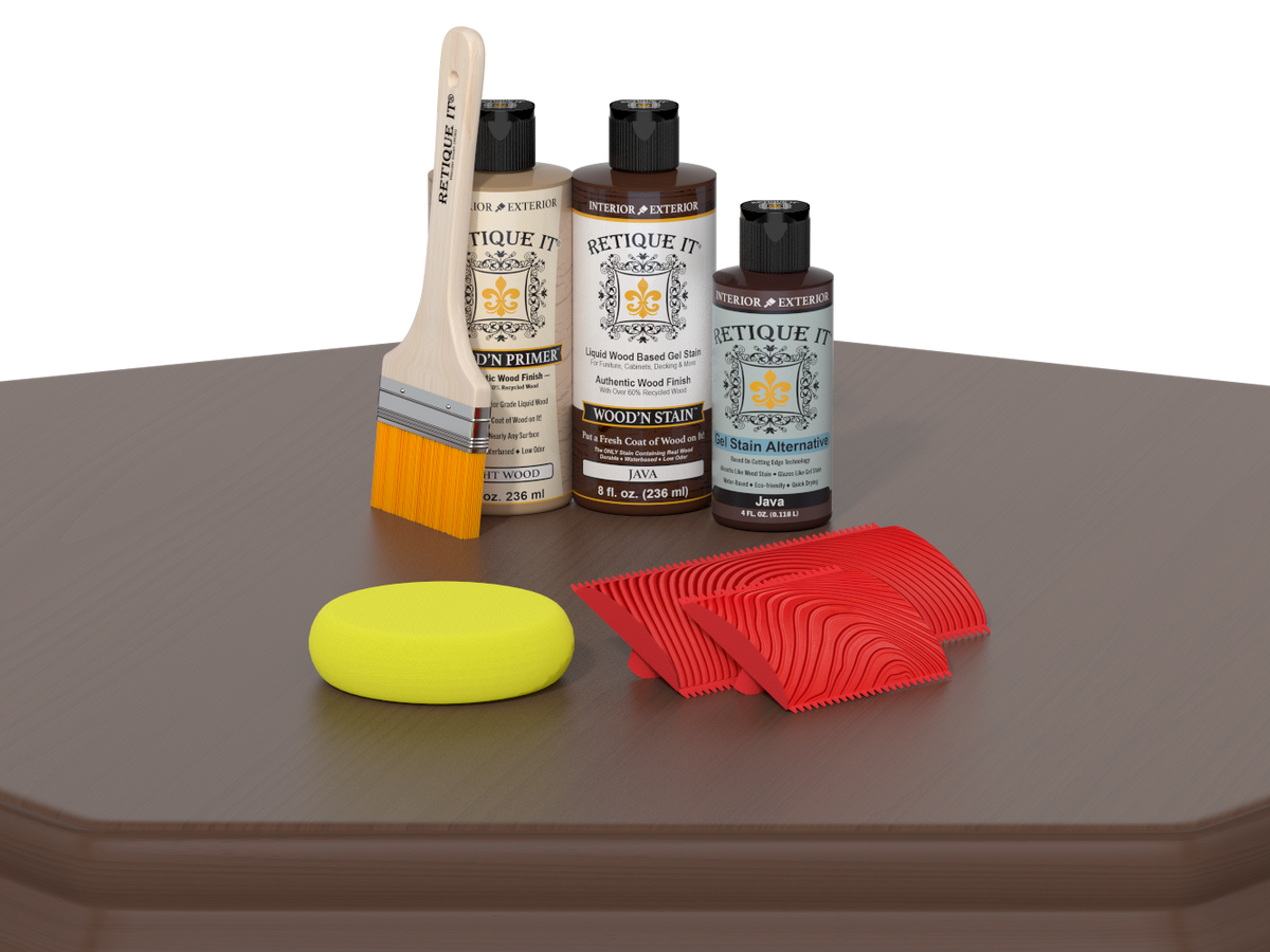 Retique It wood care products including bottles, a brush, a yellow sponge, and red applicators on a gray surface.