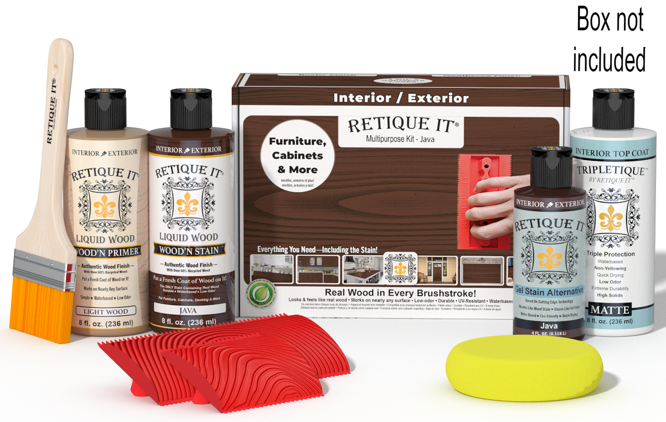 Retique It® Java Multipurpose Kit with Light Wood primer, Java stain, Java gel stain alternative, Matte Tripletique® Top Coat, brush, red graining tool, yellow sponge, and product box.
