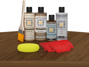 Retique It® Wood'n Finish Kit in Modern Walnut with exterior topcoat, shown on a table, for multi-purpose wood finishing projects.