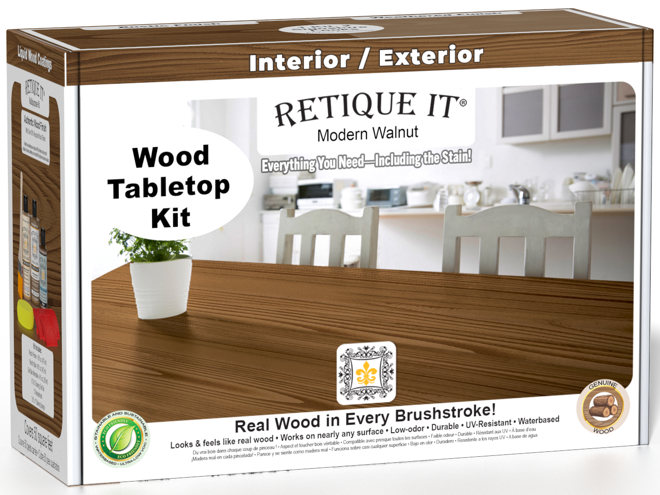 Retique It® Modern Walnut Wood Tabletop Kit box featuring a Modern Walnut wood finish and complete refinishing kit for interior and exterior surfaces.