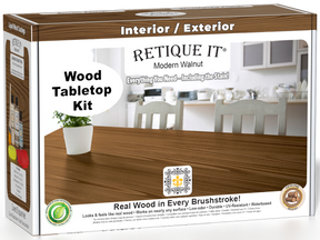 Retique It® Modern Walnut Wood Tabletop Kit box featuring a Modern Walnut wood finish and complete refinishing kit for interior and exterior surfaces.