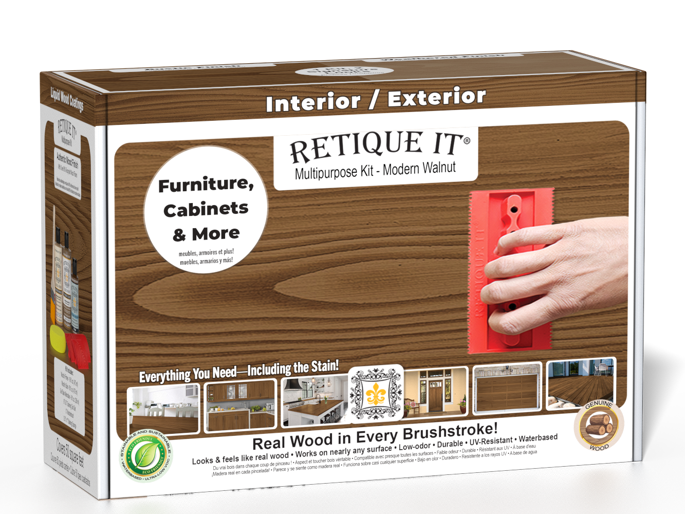 Retique It® Modern Walnut Multipurpose Kit retail box featuring a Modern Walnut wood finish, red graining tool demonstration, and furniture, cabinets & more project imagery.