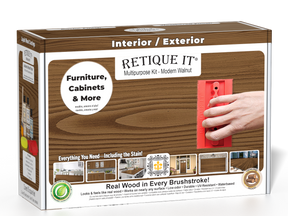 Retique It® Modern Walnut Multipurpose Kit retail box featuring a Modern Walnut wood finish, red graining tool demonstration, and furniture, cabinets & more project imagery.