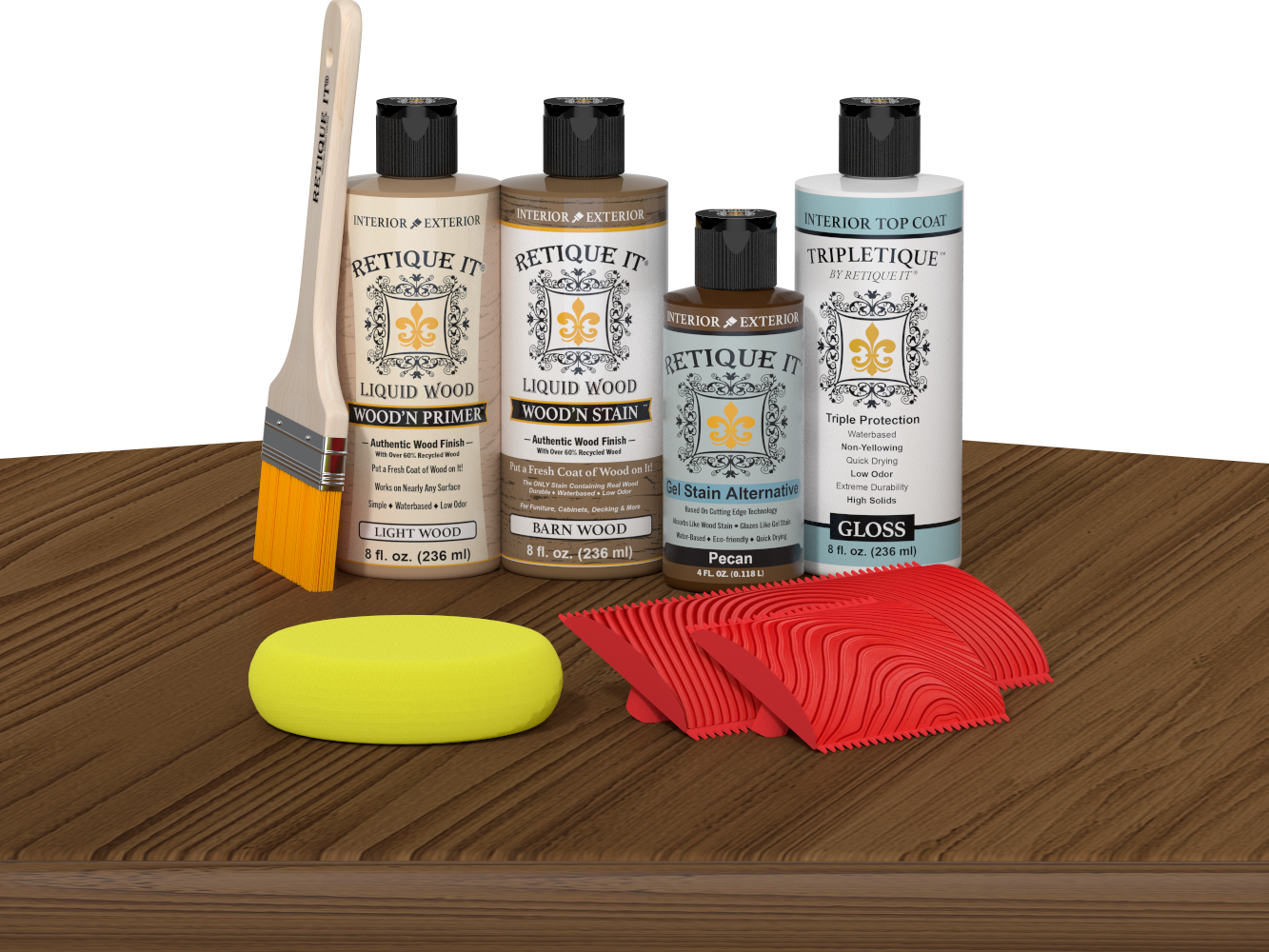 Retique It® Barn Wood Wood'n Kit with Light Wood Primer, Barn Wood Wood'n Stain, Gloss TripleTique Top Coat, Pecan Gel Stain Alternative, yellow sponge, red graining tool, and brush.