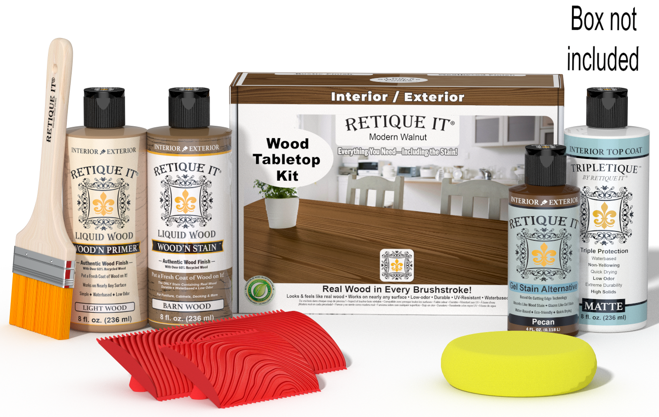 Retique It® Modern Walnut Wood Tabletop Kit with Light Wood Primer, Barn Wood Wood'n Stain, Matte TripleTique Top Coat, Pecan Gel Stain Alternative, yellow sponge, red graining tool, brush, and kit box.