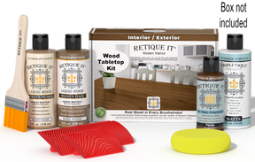 Retique It® Modern Walnut Wood Tabletop Kit with Light Wood Primer, Barn Wood Wood'n Stain, Matte TripleTique Top Coat, Pecan Gel Stain Alternative, yellow sponge, red graining tool, brush, and kit box.